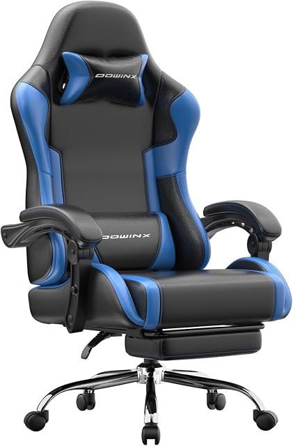 Chaise de jeu ergonomique avec repose-pieds, lourd service 330lbs chaise de bureau, Massage Lombaire, Hauteur réglable & Oreiller tête, Confortable pour soulager la douleur au dos, Streaming, Long Gaming, Bleu