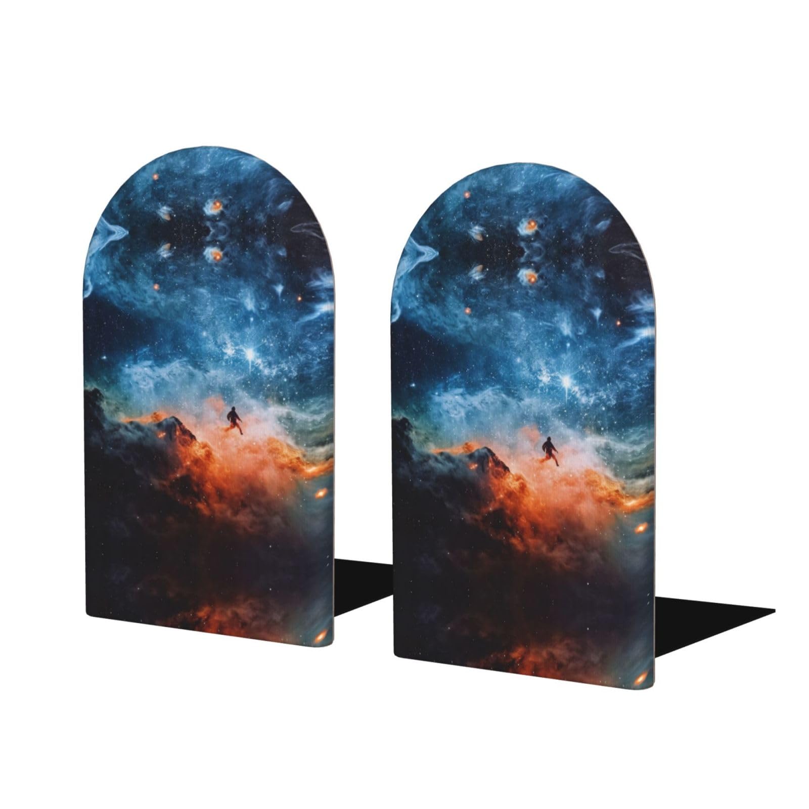 Galaxy Space Stylish Bookends with Full-Print Design Durable Wooden and Metal Bookend Set for Home, Office