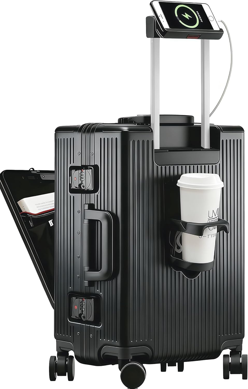 20 Inch Front Opening Luggage with USB Port & Cup Holder, Aluminum Frame Carry-On Suitcase, Laptop Compartment (Black)