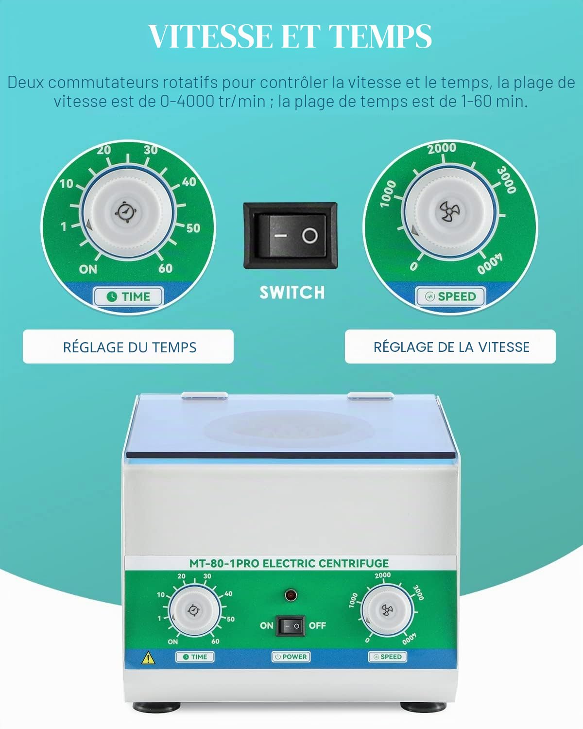 Mxmoonant Centrifugeuse de Laboratoire, 4000rpm, 6x15ml, 1865xg, 60min | pour Tubes à Essais 15ml/10ml/5ml, pour Séparation D'échantillons, Analyse Qualitative (Prise EU)