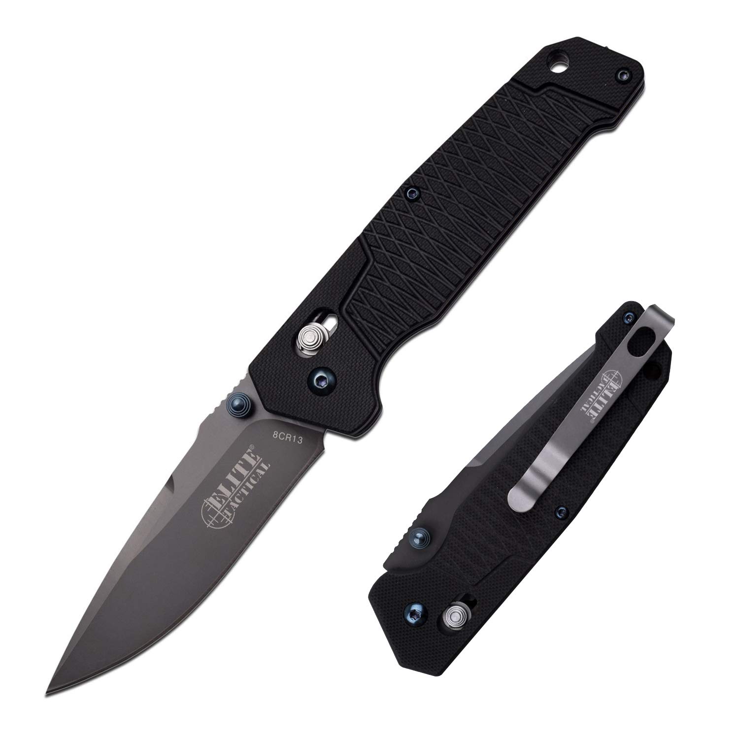 Elite Tactical - Folding Pocket Knife - Drop Point Blade with Black G10 Handle and Pocket Clip - Rapid Lock Tactical Military Knife - 8.15" Overall Length