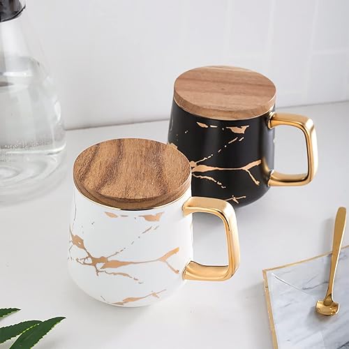 Miniatura 7 de LUCCK Taza de café de cerámica con tapa de madera, taza de té de 14.5 onzas, taza de té de lujo con incrustaciones doradas de mármol, taza de