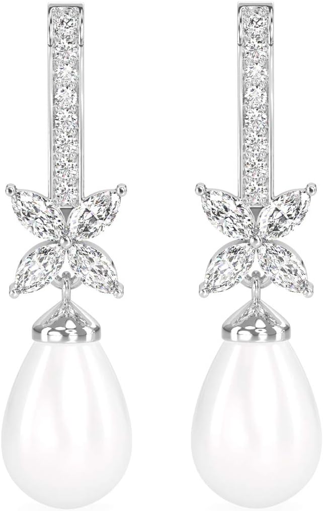 - 925 Sterling Silver Pearl Earrings | Rhodium Plated, Swiss Zirconia, Screw Back | Gift for Women & Girls