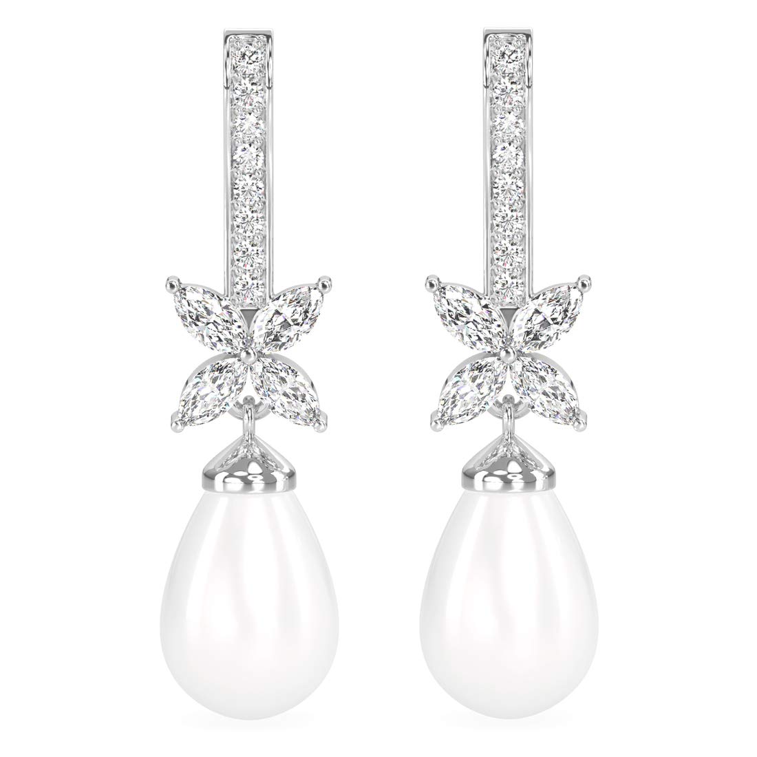 925 Sterling Silver Pearl Earrings | Rhodium Plated, Swiss Zirconia, Screw Back | Gift for Women & Girls