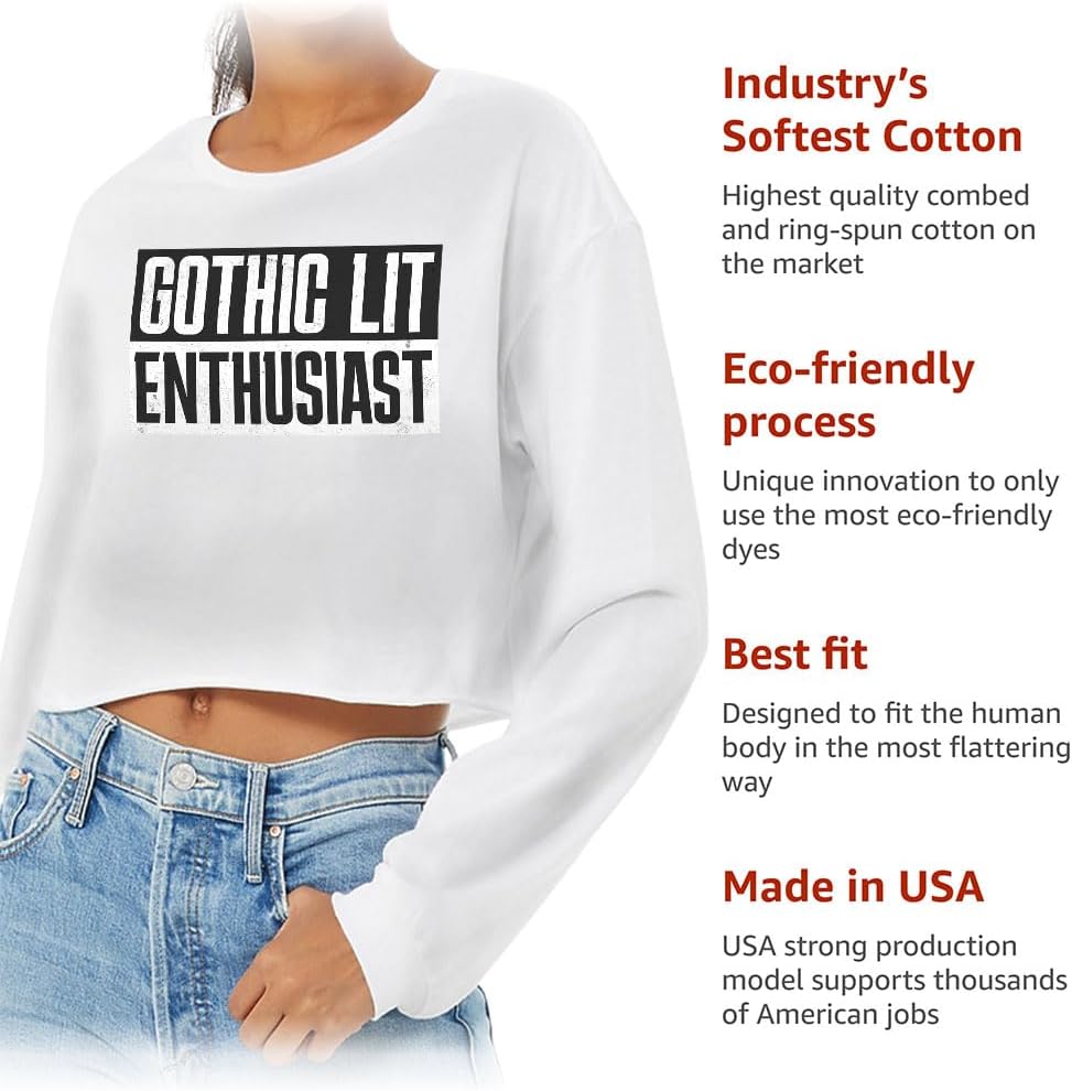Gothic Lit Enthusiast Cropped Long Sleeve T-Shirt - Minimalist Women's T-Shirt - Word Art Long Sleeve Tee
