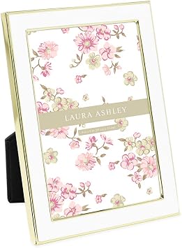Laura Ashley 4x6 White Enamel Picture Frame, Gold Metal Edge w/Easel | Enamel Photo Frame for Tabletop Display, Bookshelf, Desk, Wall Decor, Photo Gallery 4x6, White W/ Gold
