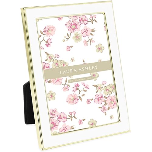Laura Ashley 4x6 White Enamel Picture Frame, Gold Metal Edge with Easel, for Countertop, Counterspace, Tabletop Display, Bookshelf, Desk, Wall Décor, Photo Gallery