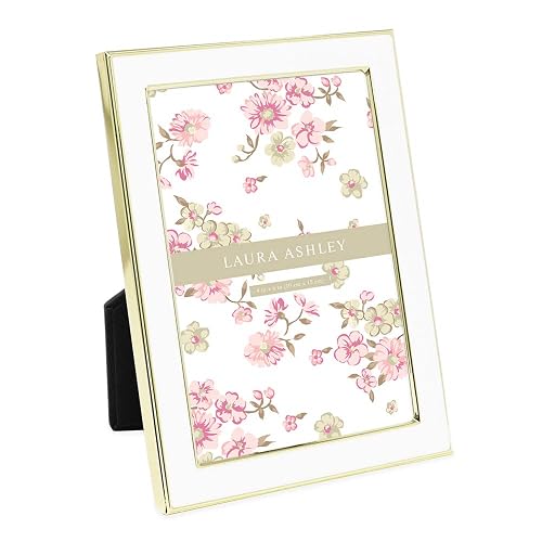 Laura Ashley 4x6 White Enamel Picture Frame, Gold Metal Edge with Easel, for Countertop, Counterspace, Tabletop Display, Bookshelf, Desk, Wall Décor, Photo Gallery