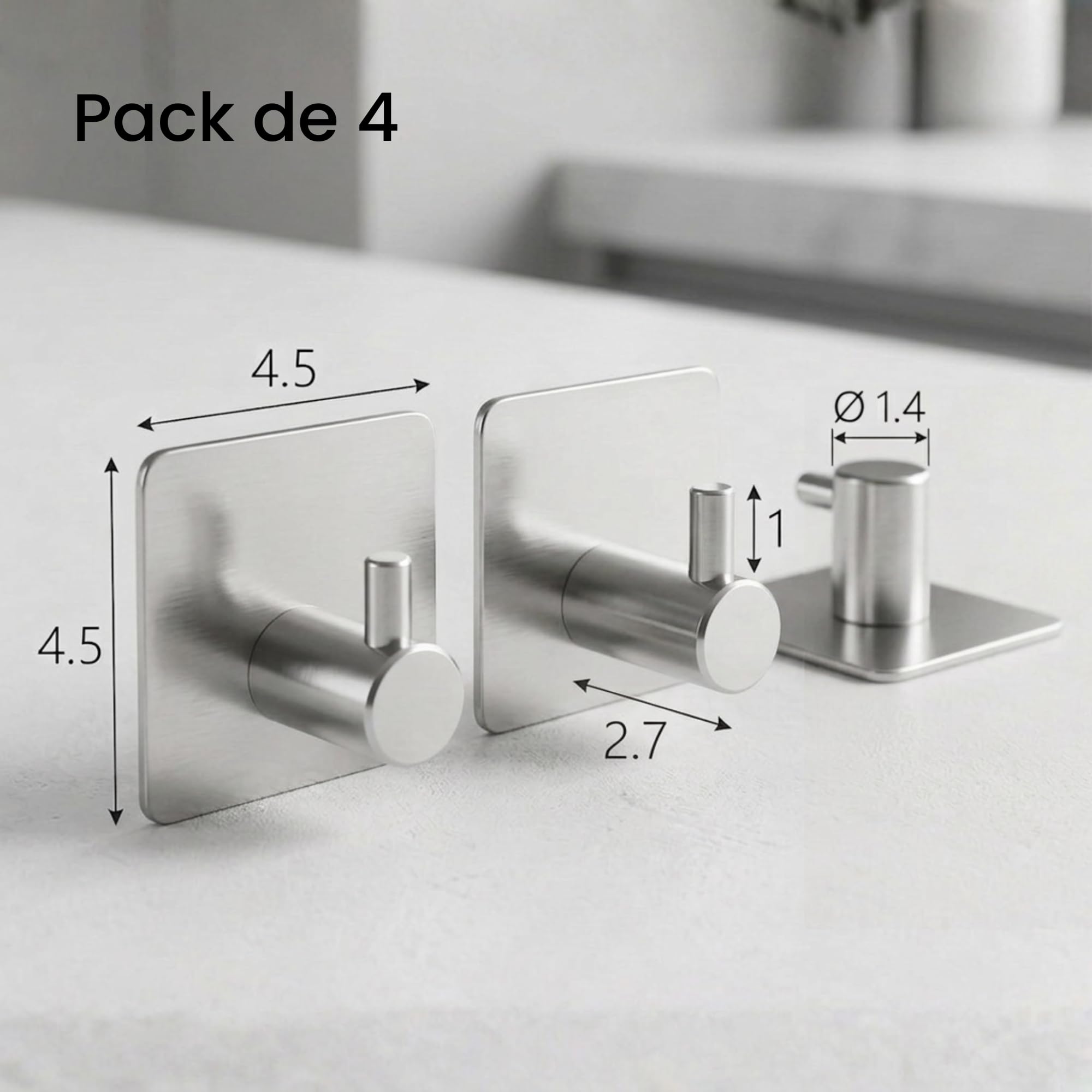 edihome, Ganchos Adhesivos para Pared, de Acero Inoxidable, Colgadores Resistentes sin Taladro, Diseño Cuadrado Moderno para Baño Cocina, Negro Blanco Gris (4, Plata) - 4
