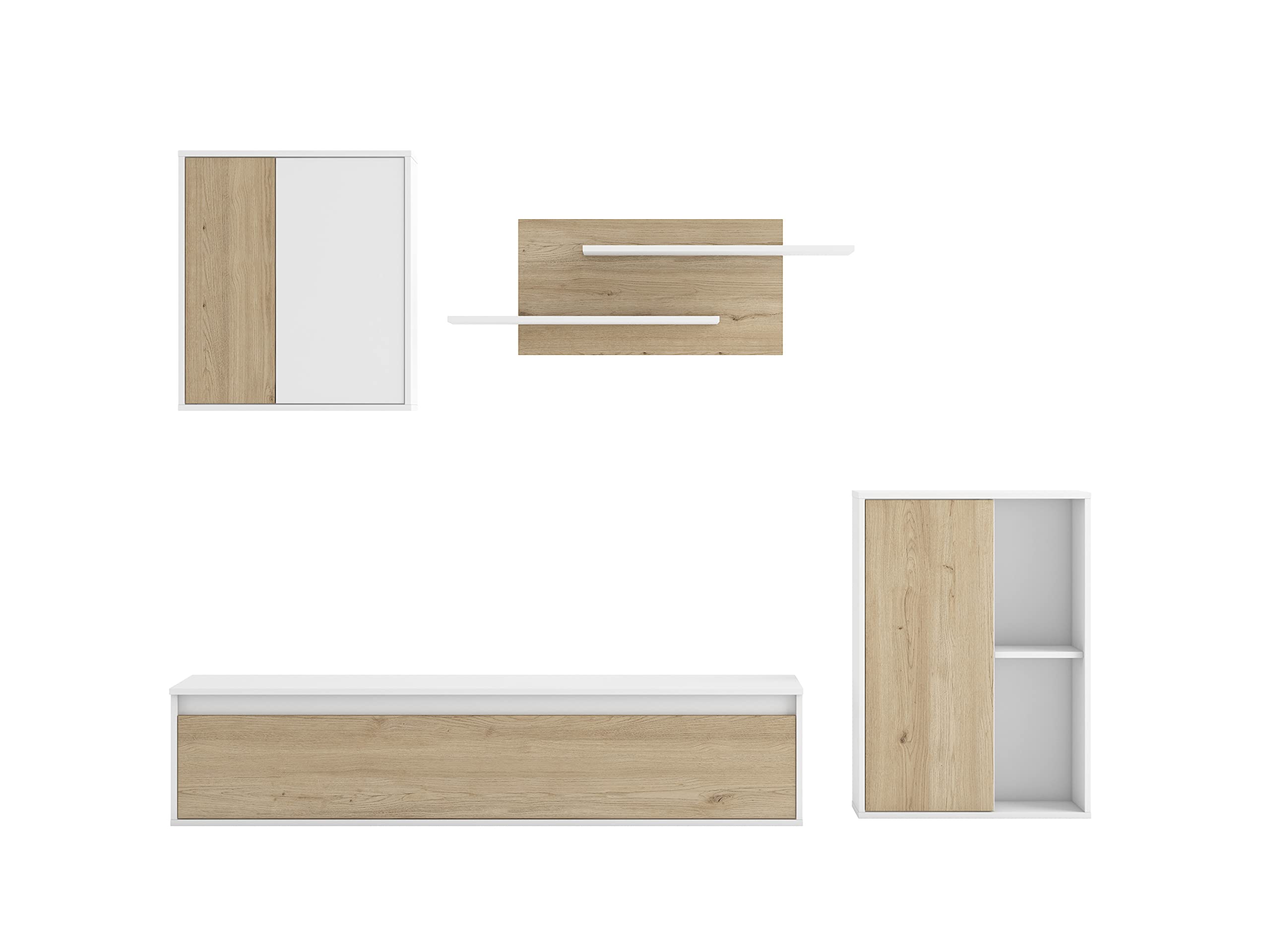 Skraut Home - Wohnzimmermöbel | TV-Möbel + 2 Aufbewahrungsmöglichkeiten + Regal | 220 x 38 x 180 cm | Komplettes Set für Wohnzimmer | 4 Elemente | Eiche und Weiß | nordischer Stil