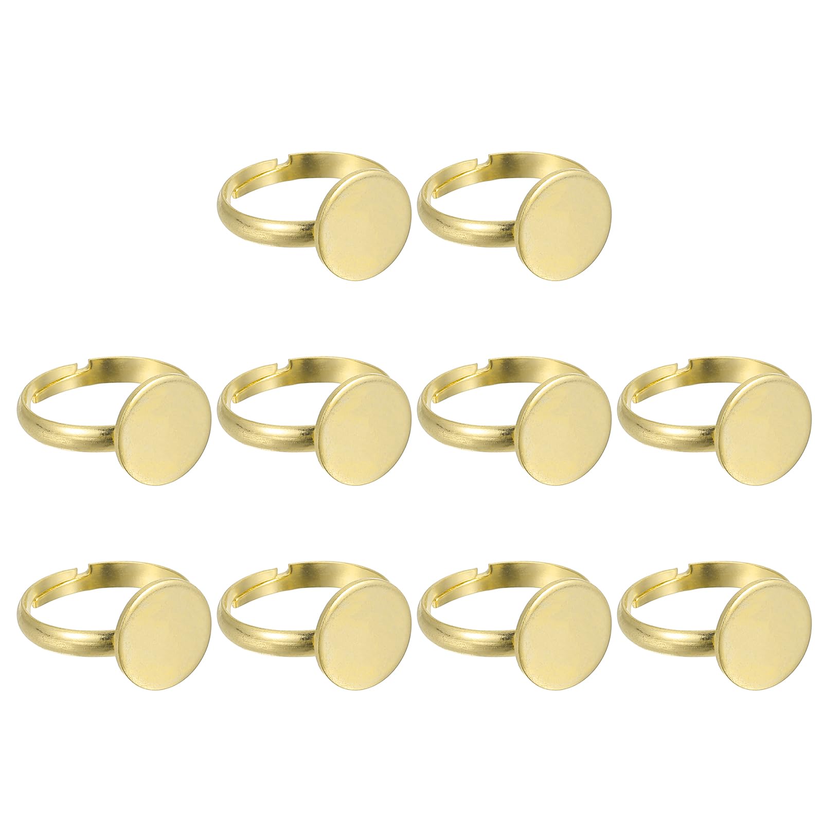 MECCANIXITY 10Pcs Metal Ring Base Blank, 12mm Adjustable Pad Cabochon Ring Blank Base Flat Bezel Tray for Jewelry Making Finding DIY Craft, Gold