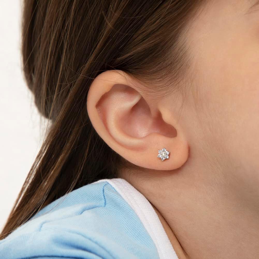 In Season Jewelry CZ Flower Kids Earrings - 925 Sterling Silver Hypoallergenic Earrings for Girls with Secure Screw Backs - Safe & Comfortable for Toddlers, Kids & Little Girls