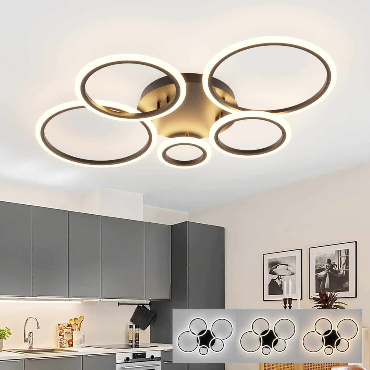 LJX LED Ceiling Lights Design, Black 5 Ring Ceiling Lamp with Remote Control, 100cm Dimmable Ceiling Chandelier Light for Bedroom Kitchen Living Room, 120W