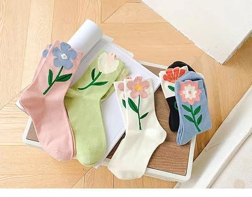 Vorpe Multi-Colored Floral Tulip Cute Cotton Crew Socks For Women, Size 5-8, Pack Of 5 (Tulip 2) #TOP6