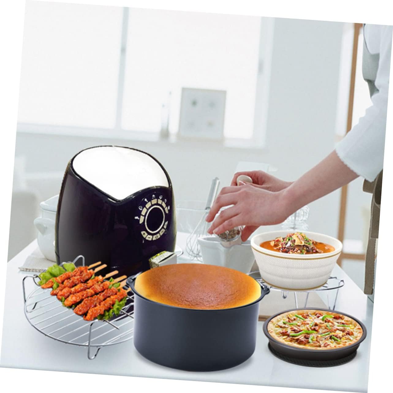 Mobestech 9pcs 7 Air Fryer Accessories Set Baking Barrel Cupcake Pan Versatile Kitchen Tools for Pizza Muffins More Dishwasher Safe for Easy Cleanup Random Color