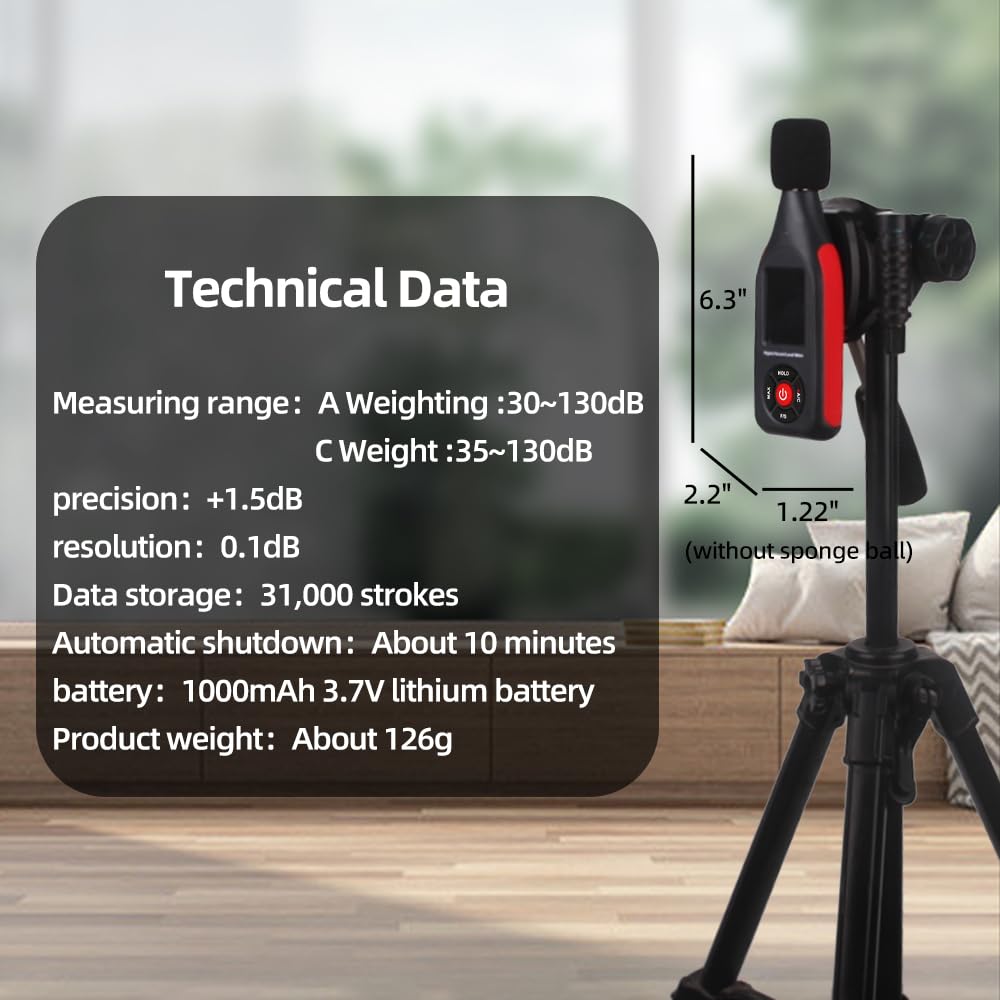 Decibel Meter, Handheld Sound Level Meter 30 to 130dB A/C Weighting Noise Tester,PC-Connectable, Data Analyzable, Color-Coded Alarm, Portable and Rechargeable (GT1355)