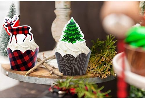 Miniatura 7 de Paquete de 24 adornos para cupcakes de madera de doble cara con diseño de ciervos y oso de bebé, árbol de hoguera, para cupcakes y cupcakes de doble