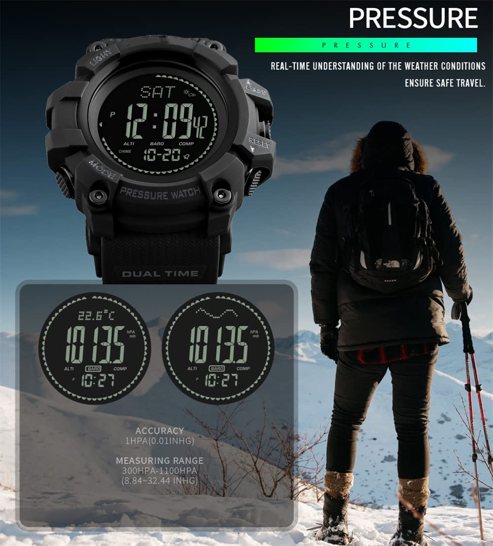 Boussole Montres Bracelet de Homme Outdoor Militaires Sport Digital Multifonctionnel Plastique Montre et Caoutchouc Ruban Podomètre Altimètre Baromètre Thermomètre, Noir
