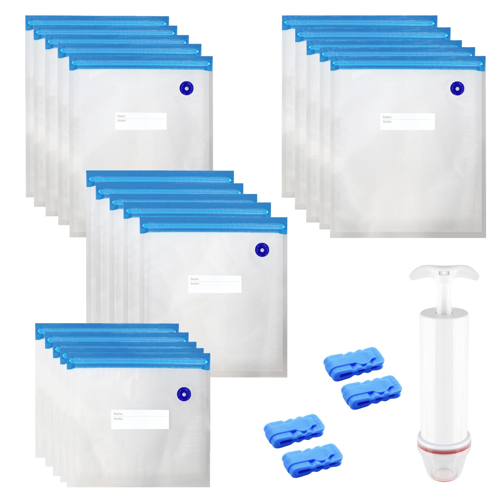 20-Piece Reusable Vacuum Sealer Bags with Hand Pump & 4 Sealing Clips, BPA-Free Sous Vide & Food Storage Bag Set in 4 Sizes, Leakproof for Meal Prep, Freezer & Kitchen Organisation