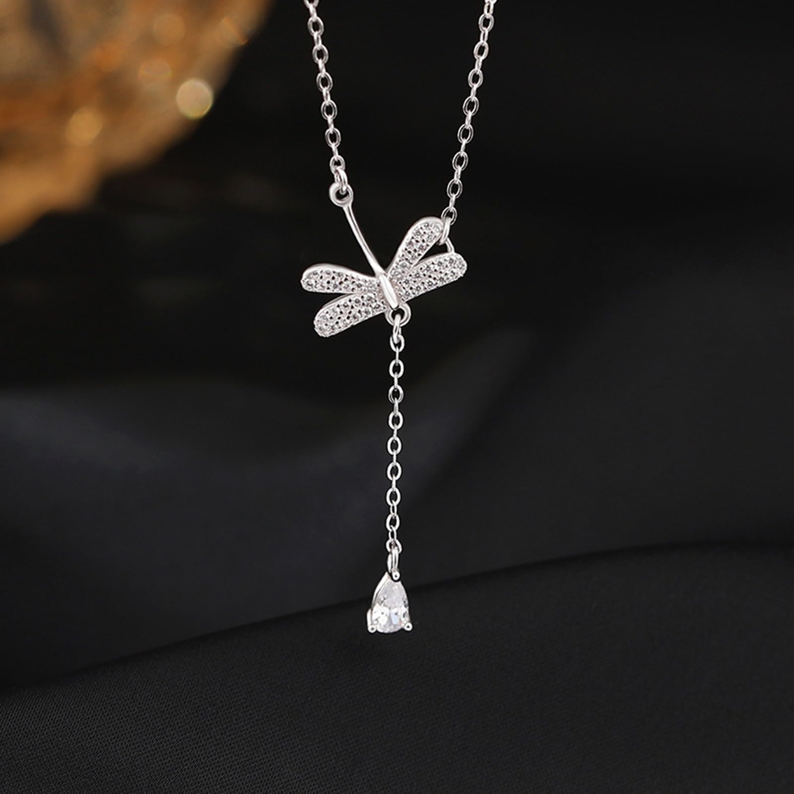 Cadena de oro de 9 quilates con libélula y borla para mujer, collar de 9 K, 14 y 18 quilates con moissanita, cable alargado, cadena de oro blanco de 18 quilates para mujer, 40 + 5 cm