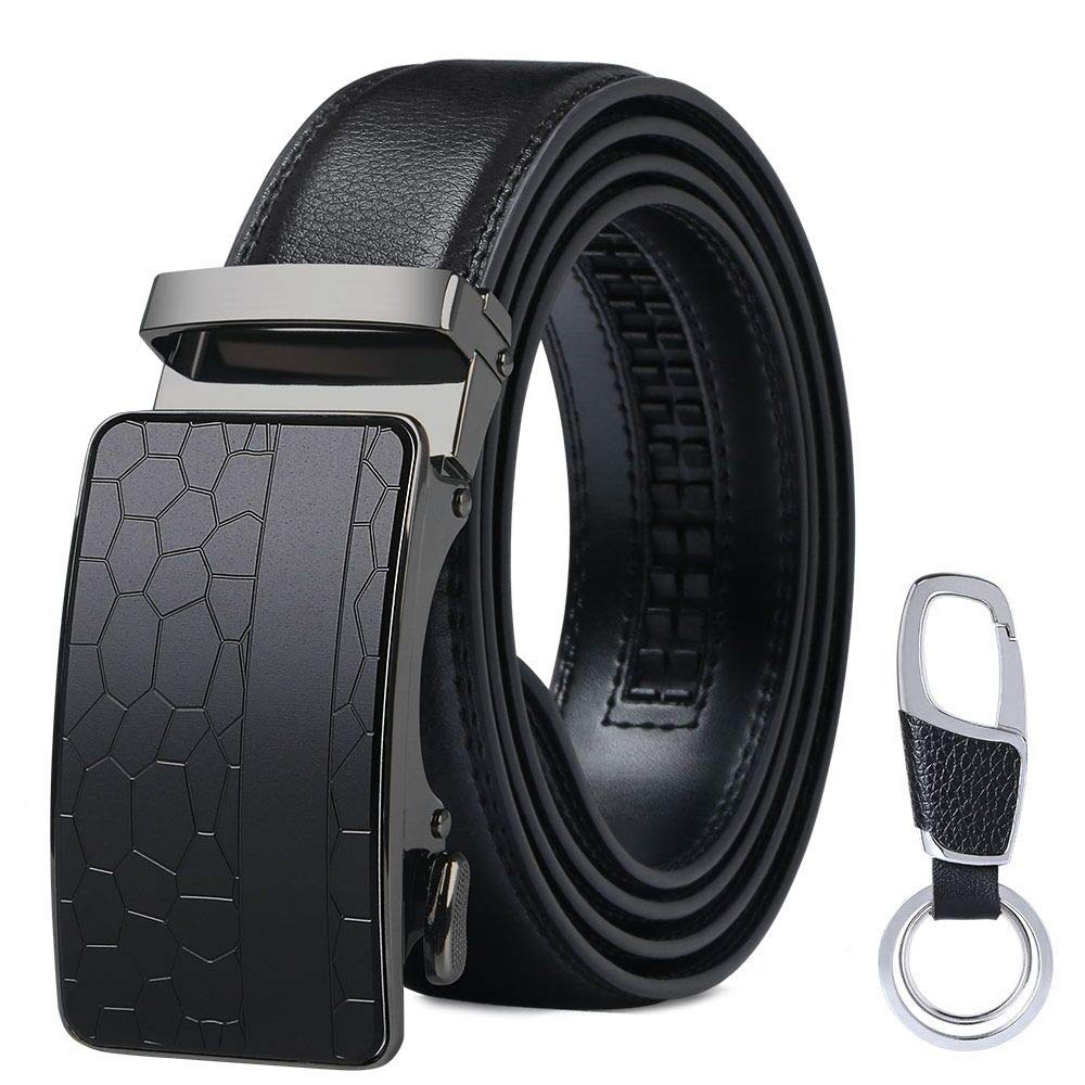 flintronic ® Cintura da Uomo in Pelle con Fibbia Automatica, Moda Cintura a Cricchetto 3.5cm * 130cm, con Portachiavi e Confezione Regalo