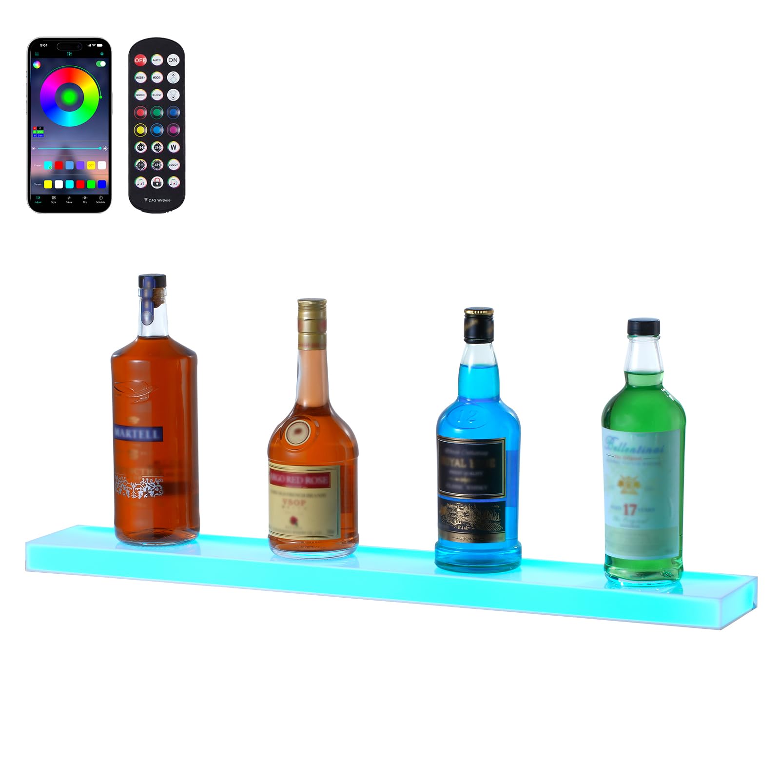 VEVOR LED Lighted Liquor Bottle Display, 1 Tier 30 Inch Wall Mounted Whiskey Rack Stand, 1 Step Commercial Illuminated Home Bar Shelf, Acrylic Drinks Light Shelves with RF Remote &amp; App Control