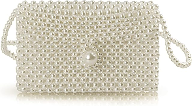 CindyZzz Luxury Pearl Bag Chain Bag Beige Purse Ladies Beaded Cross Body Shoulder Bag Small Square Handmade Bags Women's Clutches for Wedding Party Bridal Party Gift for Girls Women 7.5x5x 0.8 inches