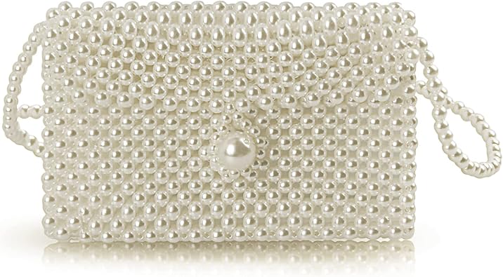 Luxury White Pearl Purses Shoulder Bag for Women Pearl Bag Crossbody Beaded Clutch Evening Bag White Set1