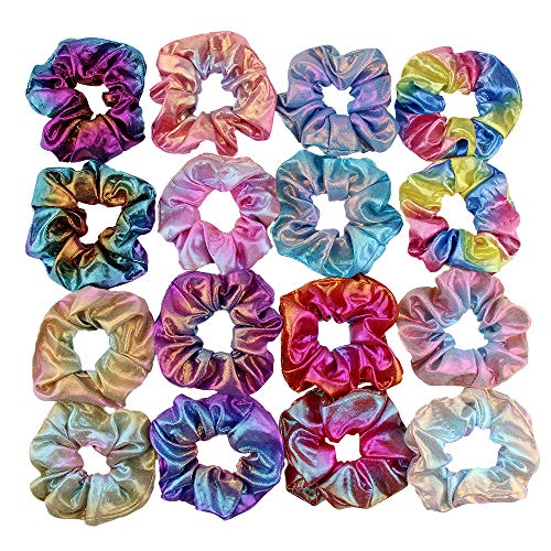 LOVEF Shiny Metallic Scrunchies, Women Girls Mermaid Hair Scrunchie Elastics Ponytail Holder for Gym Dance Party Club（16 Pieces）