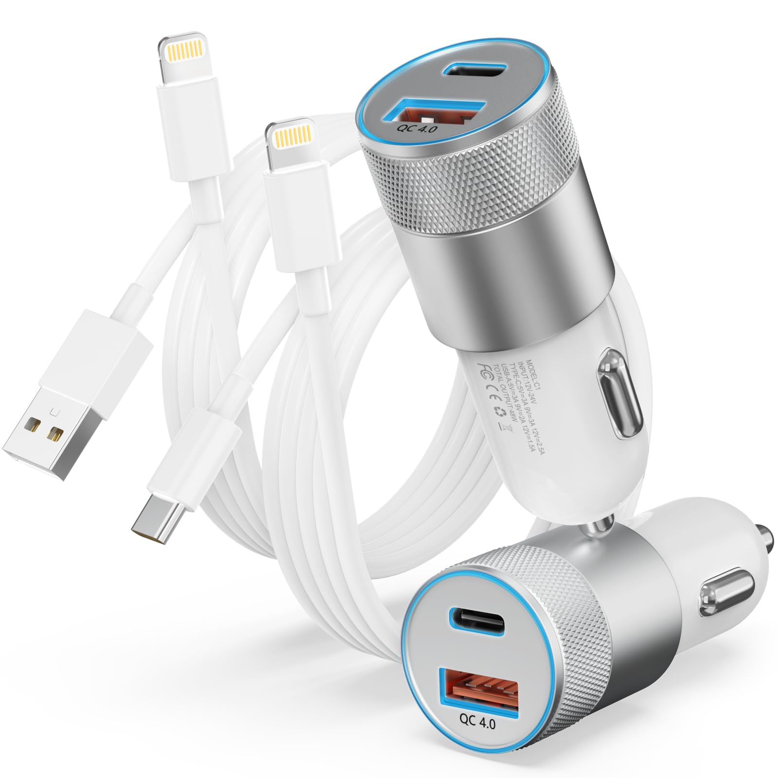 Fast Car Charger, 48W Dual Port USB A and USB C Car Charger Adapter with 2Pack 6ft High Speed Charging L ightning Cable for i Phone 14 Pro/13 Pro Max/12 Mini/11/SE/X/8 Plus, i Pad and MoreCarbonfree Certified
