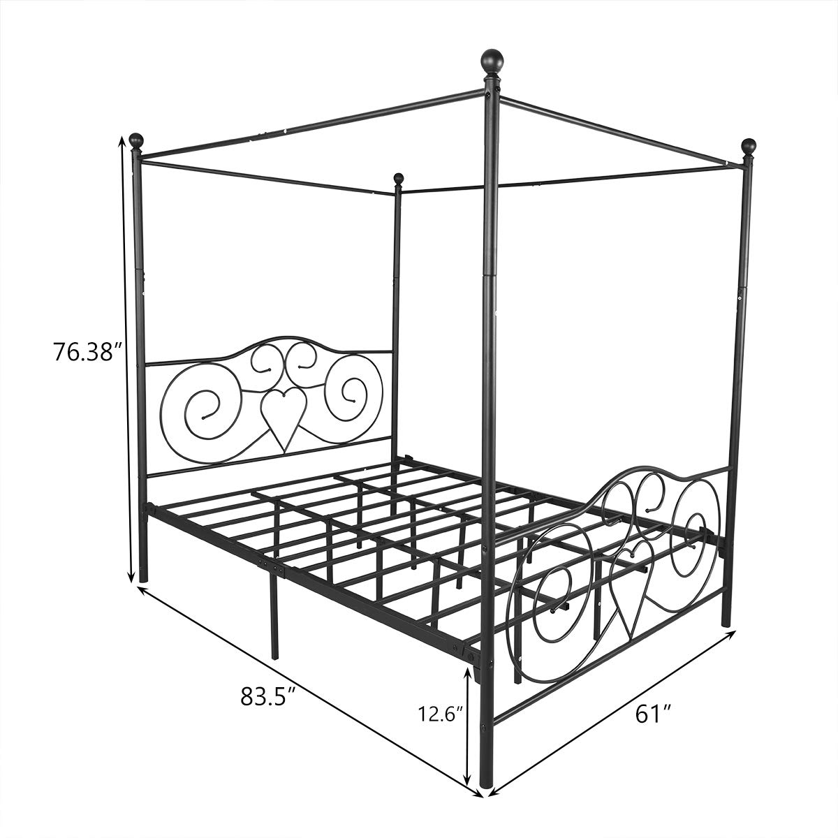 JURMERRY Metal Canopy Bed Frame Platform with Vintage Headboard and Footboard Sturdy Metal Frame Premium Steel Slat Support (Black, Queen)