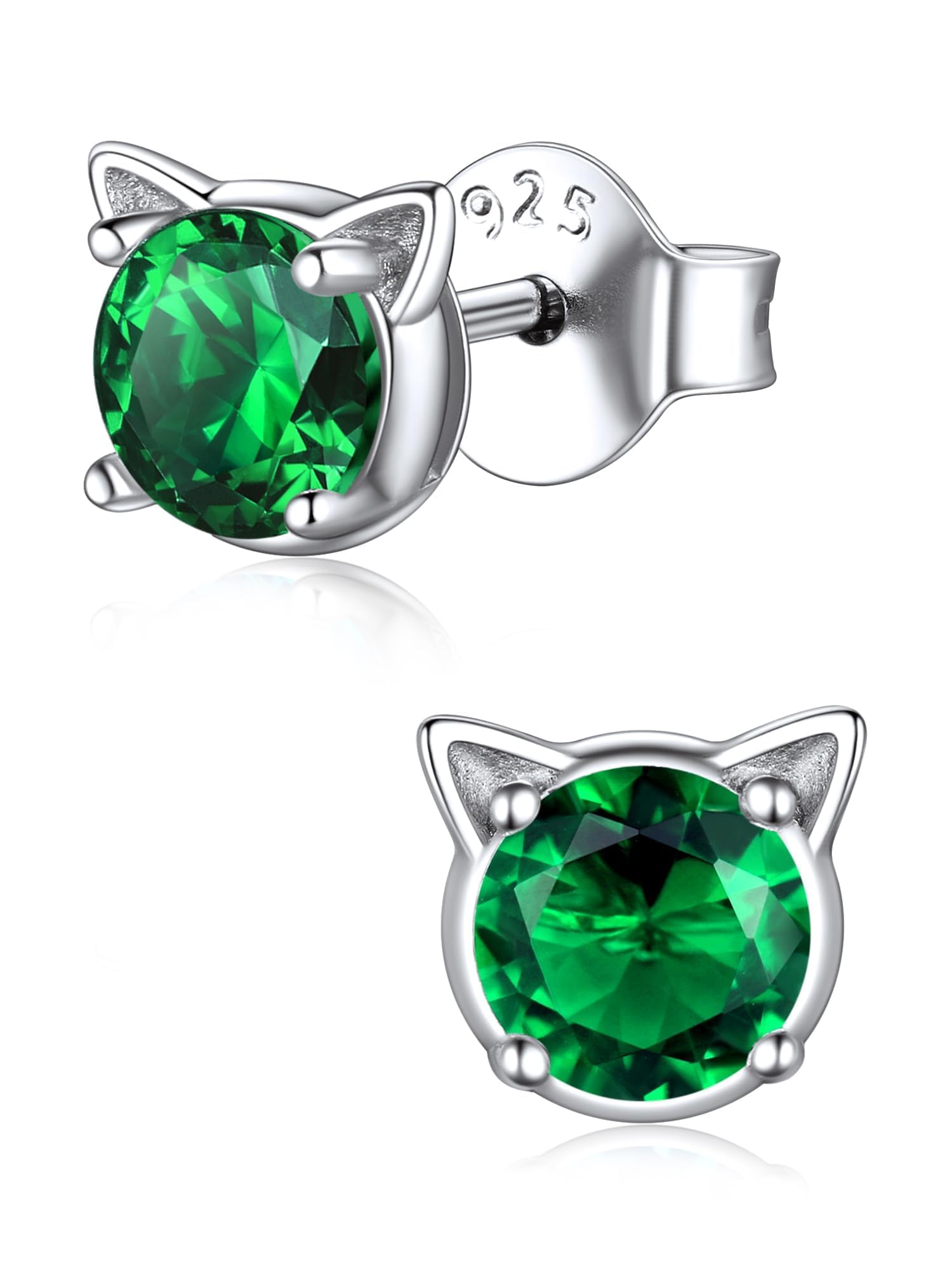 ChicSilver Cute Cat Earrings for Women - Hypoallergenic Sterling Silver Round Birthstone Cat Stud Earrings with Gift Box