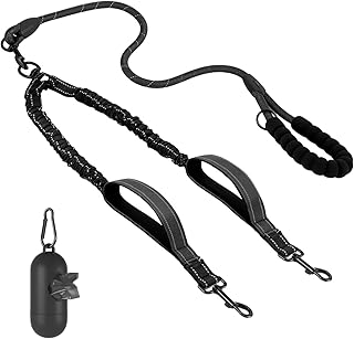 Doppelte Hundeleine Kit, Doppelleine Für 2 Hunde, Kein Verheddern 360° Drehbarer Splitter, Verstellbare Stoßdämpfende Leine, Super robust und für große Hunde Lauftraining geeignet (Schwarz)