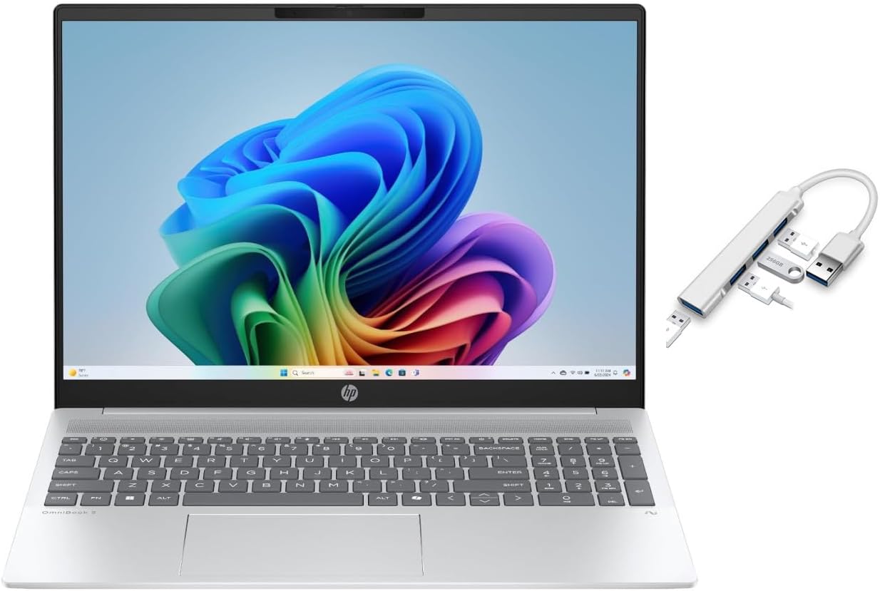 HP OmniBook 16" WUXGA Non-Touch IPS Display |AMD Ryzen AI 7 350| AMD Radeo 860M Graphics|AI PC |Silver| 16GB RAM DDR5 | 512GB SSD | Windows 11 Home | Bundle with USB 3.0 Hub