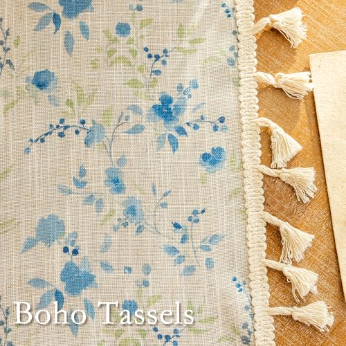 Image of MYSKY HOME Blue Floral Semi Sheer Boho Linen Curtains 63 Inch Length 2 Panels for Living Room Bedroom Light Filtering Spring Vintage Farmhouse French Tassels Back Tab Drapes, 50 inch Wide, 2 Panels