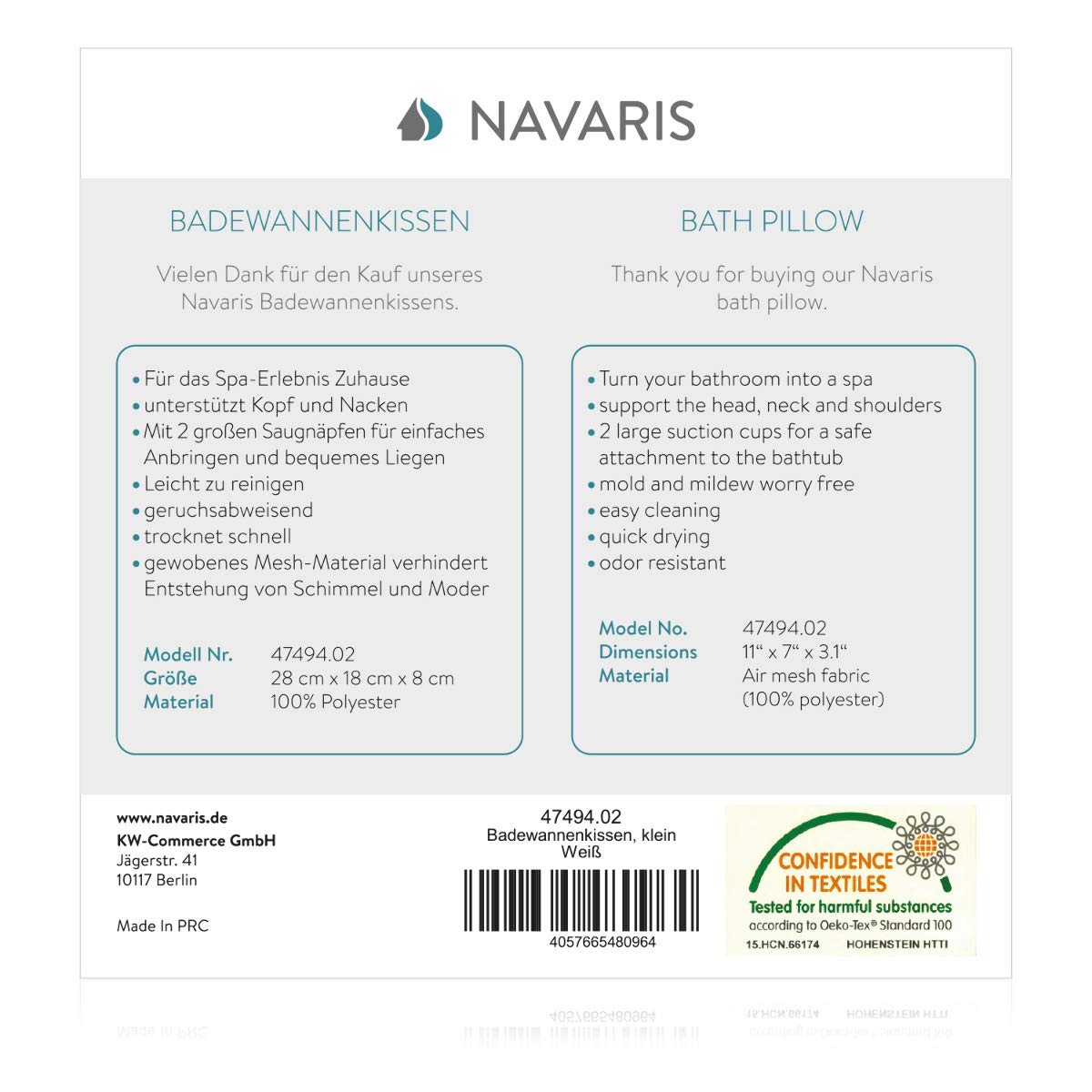 Navaris Cuscino Vasca da Bagno Extra Comfort - Poggiatesta Air Mesh con Ventose - Relax Schiena Spalle Collo - Supporto Piscina Idromassaggio - Bianco