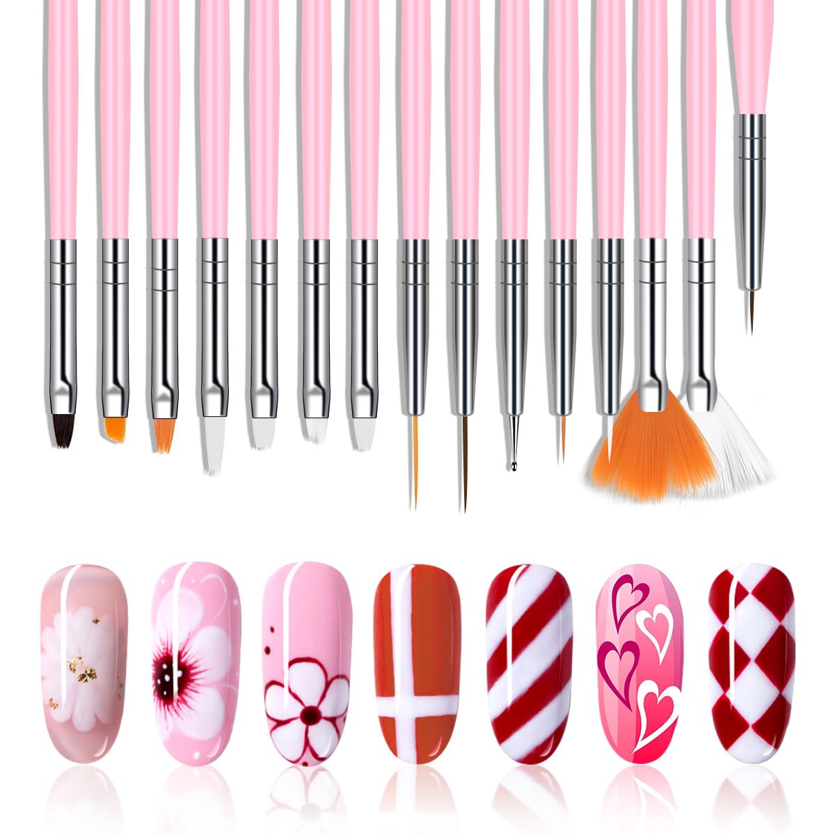 Juego de 20 pinceles de uñas, 15 Pinceles y 5 Punzones Incluidos, acrílicos para decoración de uñas, Pincel para Arte de Uñas Para Uñas DIY, Pinceles, Detalles, Mezcla etc, Rosa
