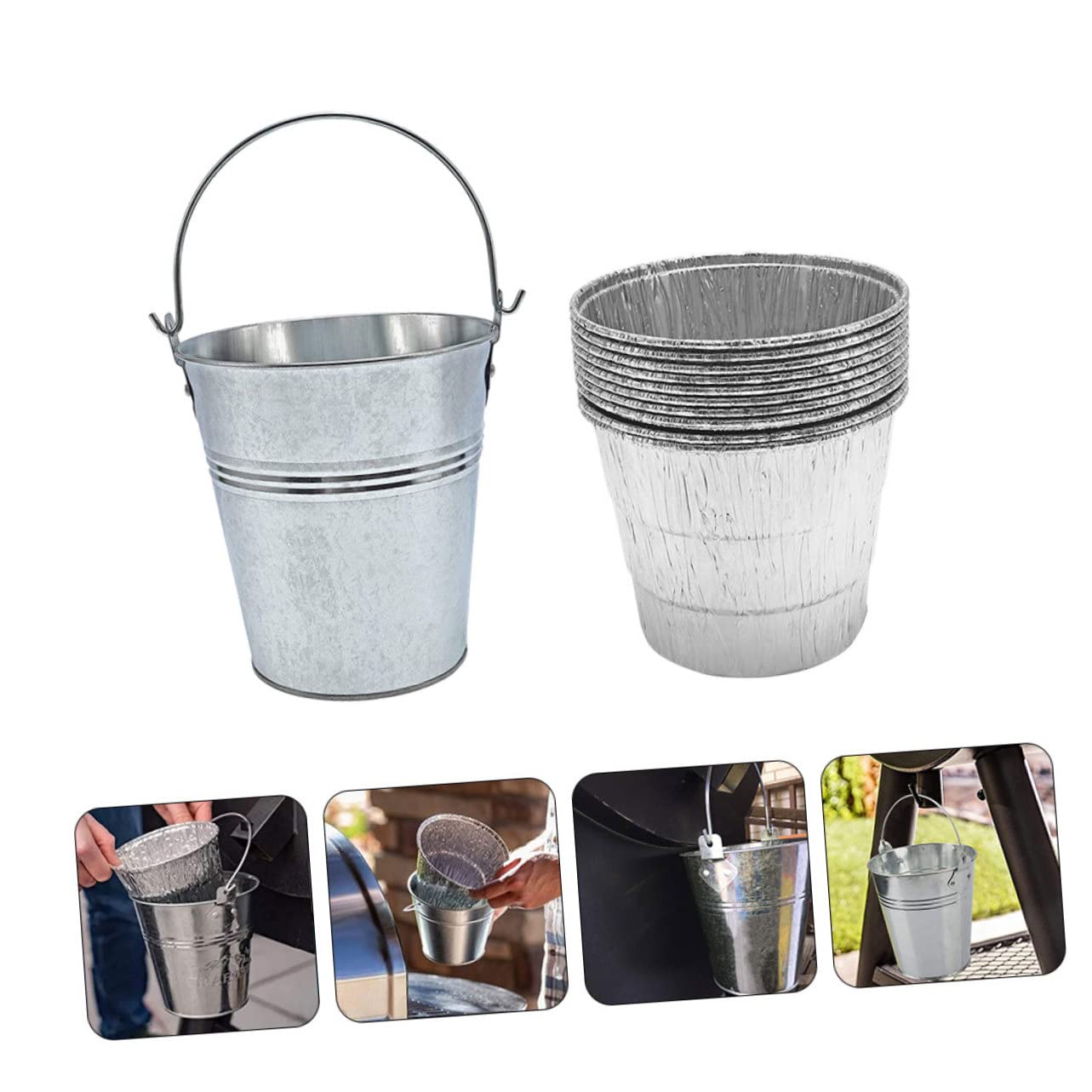 GALPADA Secchio Raccogli Grasso Barbecue da Esterno in Ferro Argento | Set 10 Pezzi con Liner Usa e Getta, Sostituzione Facile, per Camping e Bbq