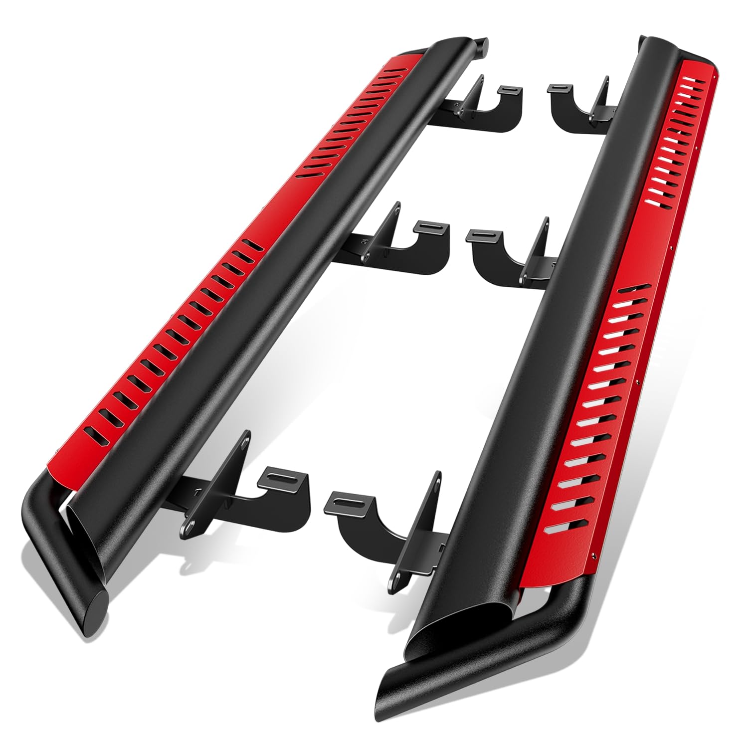 Auto Dynasty Oval Side Nerf Bar Running Boards with Red Drop Step Plate Compatible with Jeep Wrangler JL Unlimited 4-Door 18-22, Stainless Steel, Textured Matte Black
