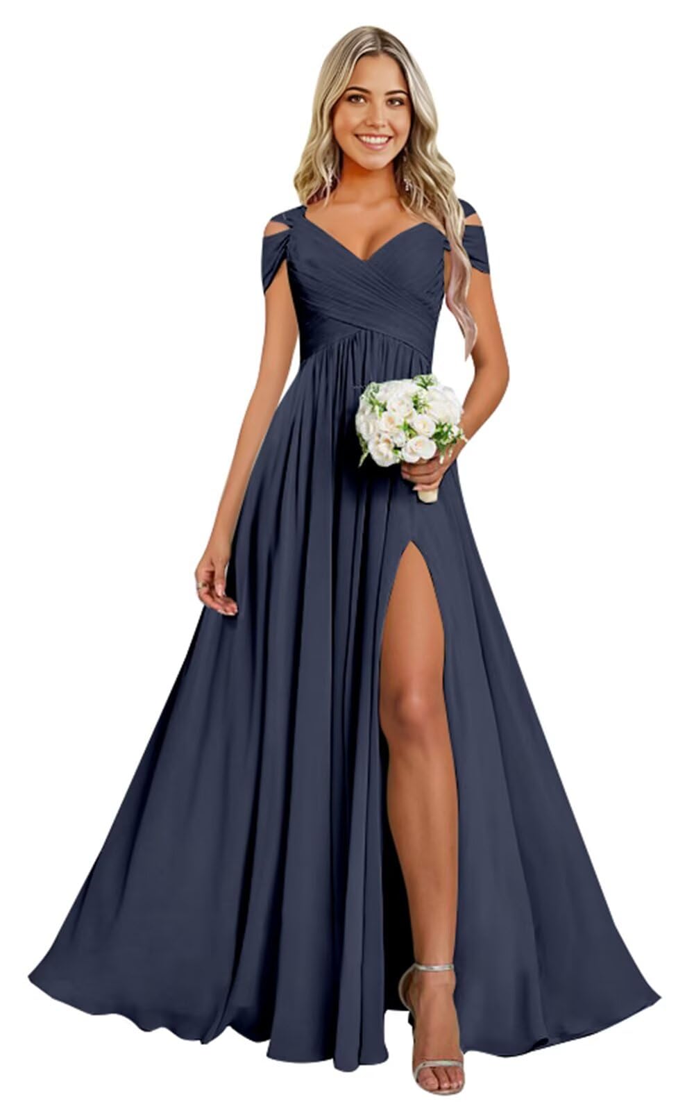 Weinaze Cold Shoulder Chiffon Bridesmaid Dresses for Women Long Evening Dress Ruched Formal Gown with Slit NZ004