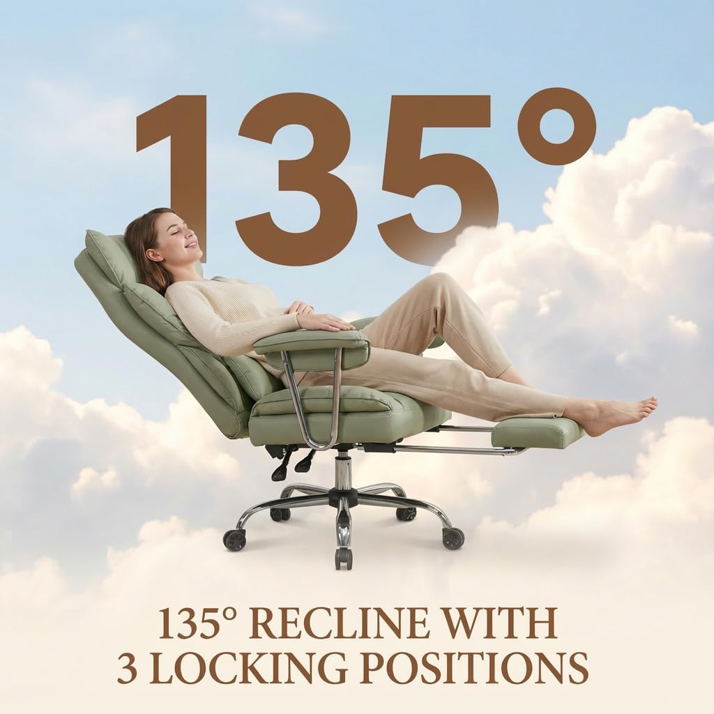 Big and Tall Office Chair 400lbs - Heavy Duty Executive Desk Chair with Footrest, High Back PU Leather Ergonomic Computer Chair with Extra Wide Seat & Thick Cushion for Home Office (Green)