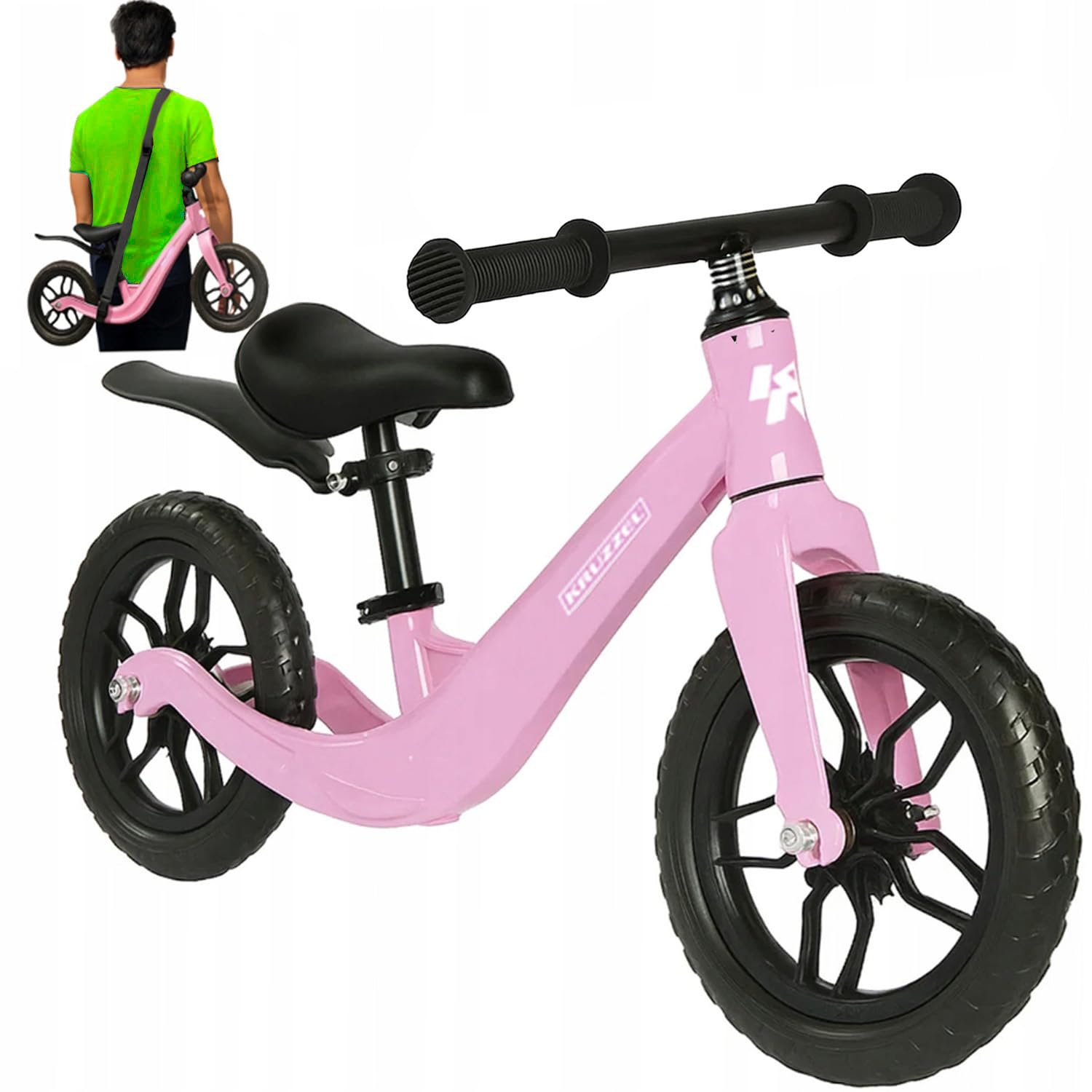KRUZZEL Rowerek do nauki chodzenia dla dzieci od 2 lat – ultralekki rower Balance Bike z ramą magnezową, opony EVA 12", pasek do noszenia – idealny dla dziewcząt