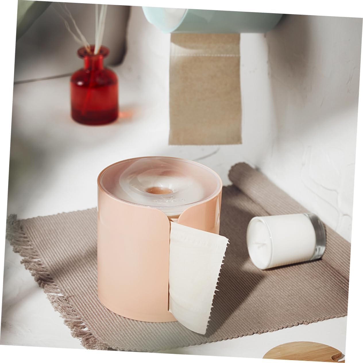 Minimalist Beige Toilet Paper Holder, Freestanding Bathroom Tissue Roll Holder for RV/Camper/Home, Compact Toilet Paper Storage Organizer