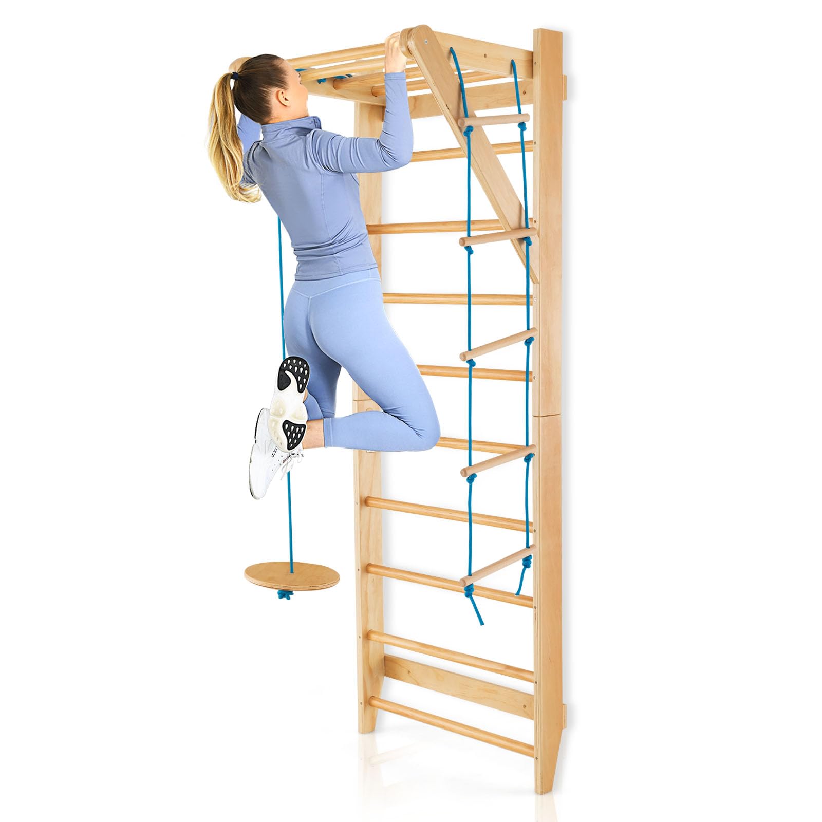 HOMASIS Spalliera Svedese con Scala di Corda e Trapezio Rotondo in Legno, Spalliera Palestra Scala da Interno per Allenamento, Parete Arrampicata per Bambini e Adulti, Portata Massima di 100 kg