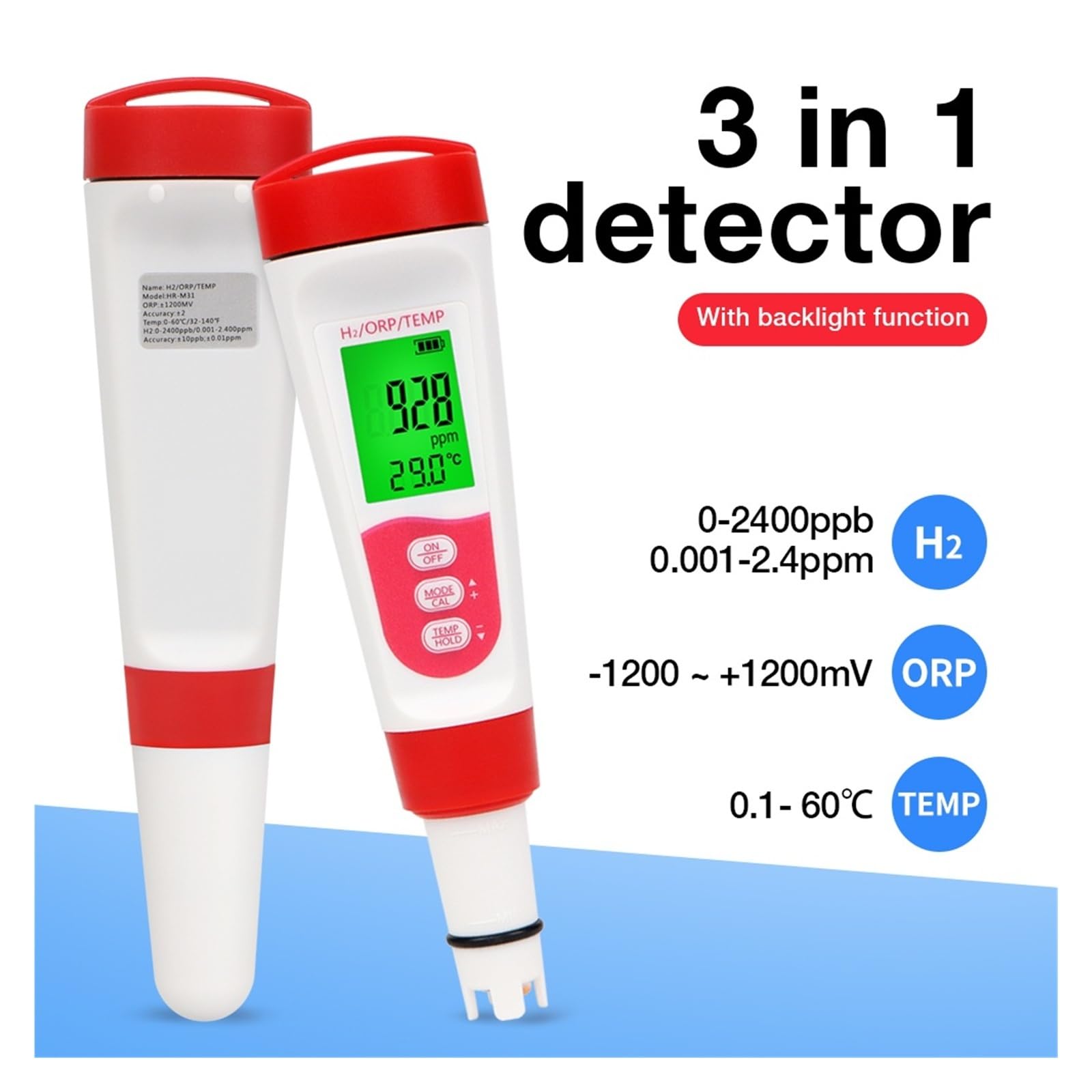 Testeur de qualité de l'eau Compteur d'eau numérique 3 en 1 H2 ORP avec ATC, testeur d'hydrogène Haute précision 0-2400 PPb