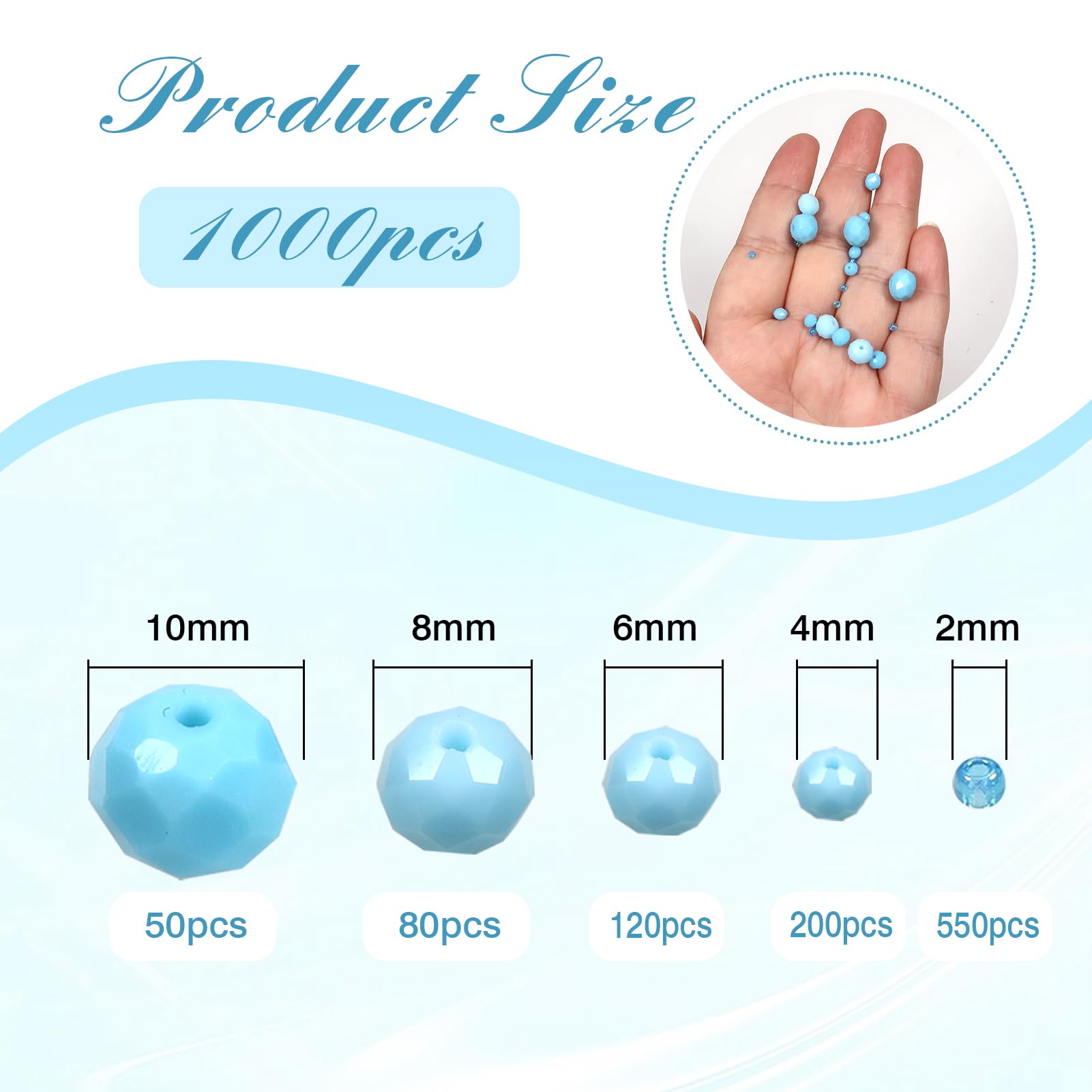 TOAOB 1000pcs Assorted Lake Blue Crystal Glass Beads Faceted Spacer Bead 2mm 4mm 6mm 8mm 10mm for Jewelry Making DIY Craft Project - Image 2