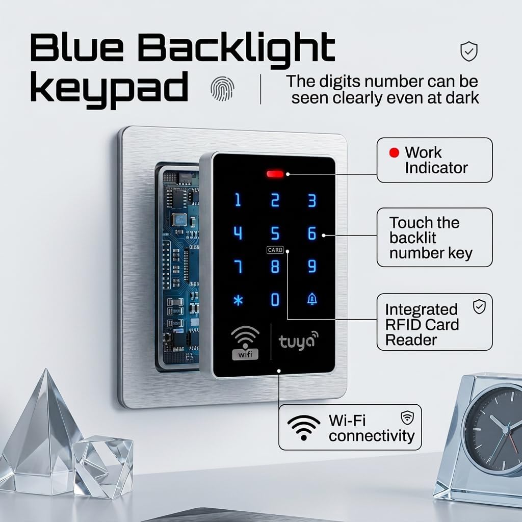 Tuya APP Kit de contrôle d'accès RFID double fréquence IP68 étanche, Wiegand 26/34, lecteur de carte 13,56 MHz + 125 kHz, rétroéclairage bleu, adapté pour le contrôle d'accès résidentiel et commercial