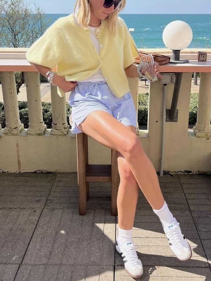 KMBANGI Women Knitted Cropped Blouse Short Sleeve Button Knit Shirt Crop Cardigan Y2k Open Front Knitwear Tops Dressy - Image 6