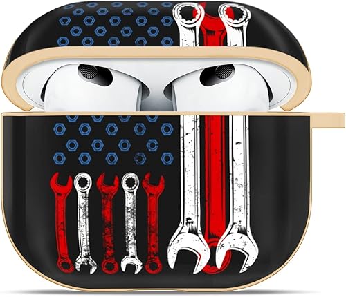 Miniatura 3 de Mechanic - Funda compatible con AirPods 3 con bandera de EE. UU., bonita funda chapada en oro de 3ª generación con llavero protector duro Gen 3