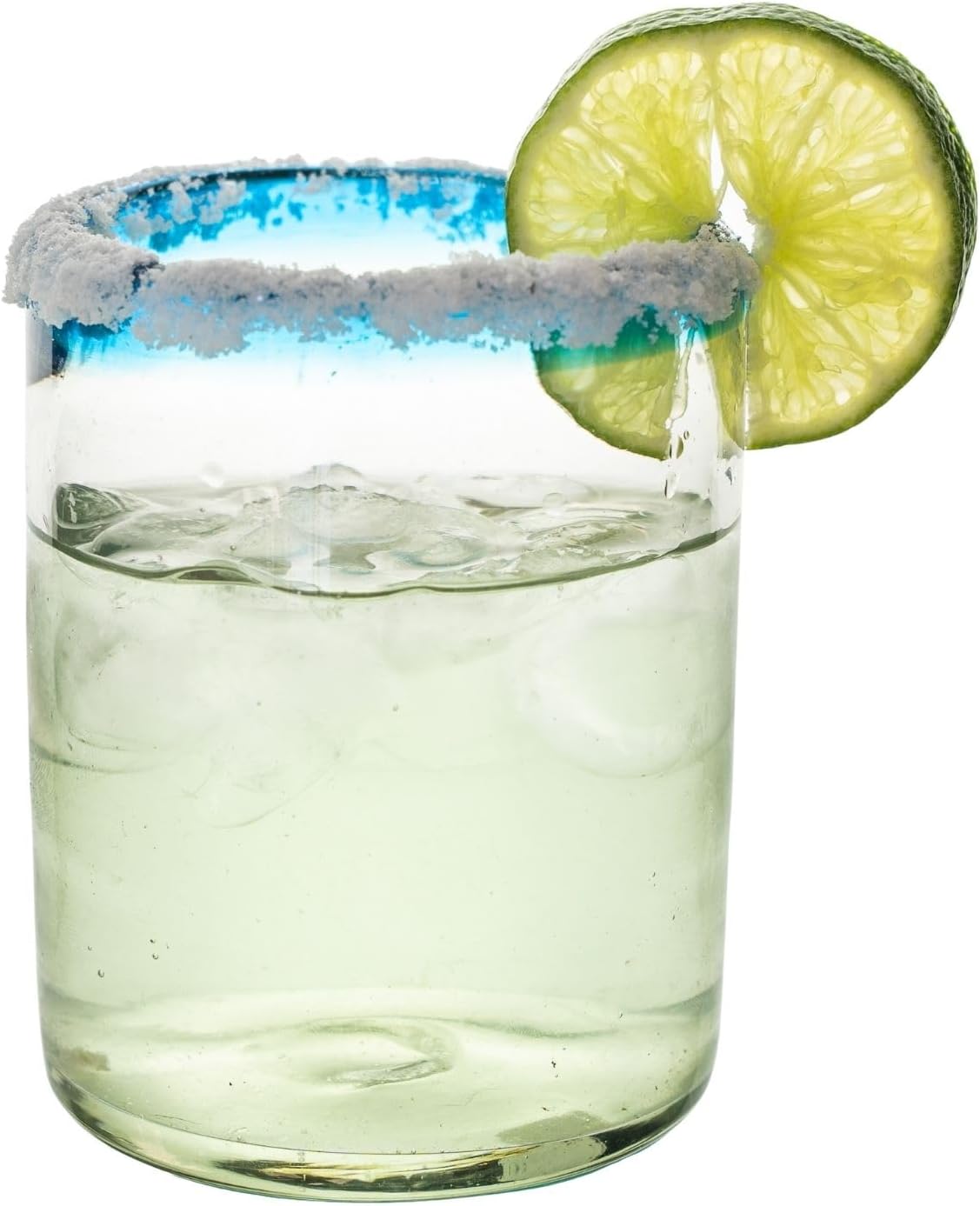 Aqua Blue Rim Hand Blown Tumbler Glasses - 100% Recycled Mexican Glassware - Artisan Crafted Drinking Glasses for Cocktails, Wine, Tequila, or Water - Set of 6 (10 oz)